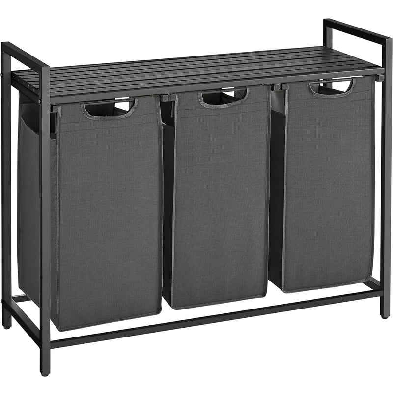 VASAGLE Cos de rufe, 3 compartimente, saci de rufe detasabili, raft, cadru metalic, 3x38L, 93x33x72 cm, negru