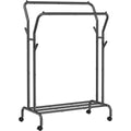 SONGMICS Suport pentru haine pe roti, cu polita, sina dubla, cadru metalic, sarcina 100kg, 53x104x155cm, negru