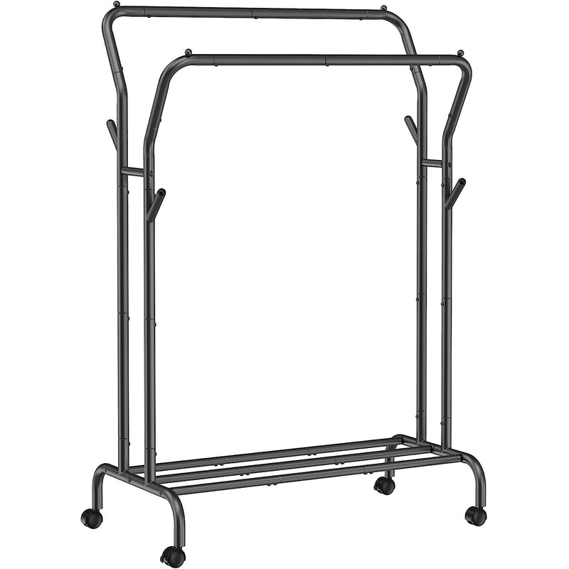 SONGMICS Suport pentru haine pe roti, cu polita, sina dubla, cadru metalic, sarcina 100kg, 53x104x155cm, negru