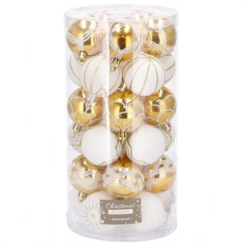 Set globuri de Craciun cu modele de sarbatori, 30 bucati, 5cm, alb auriu
