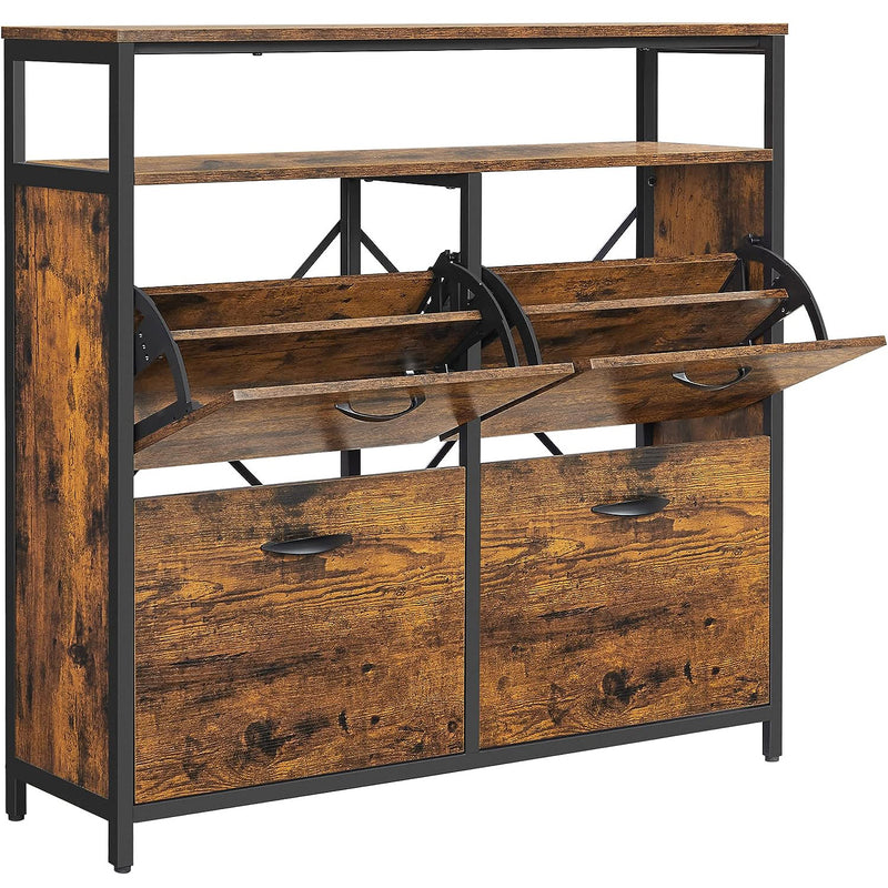 VASAGLE Dulap pantofi din MDF cu 4 usi basculante, pentru 12-20 perechi, 98x30x95cm, maro rustic si negru