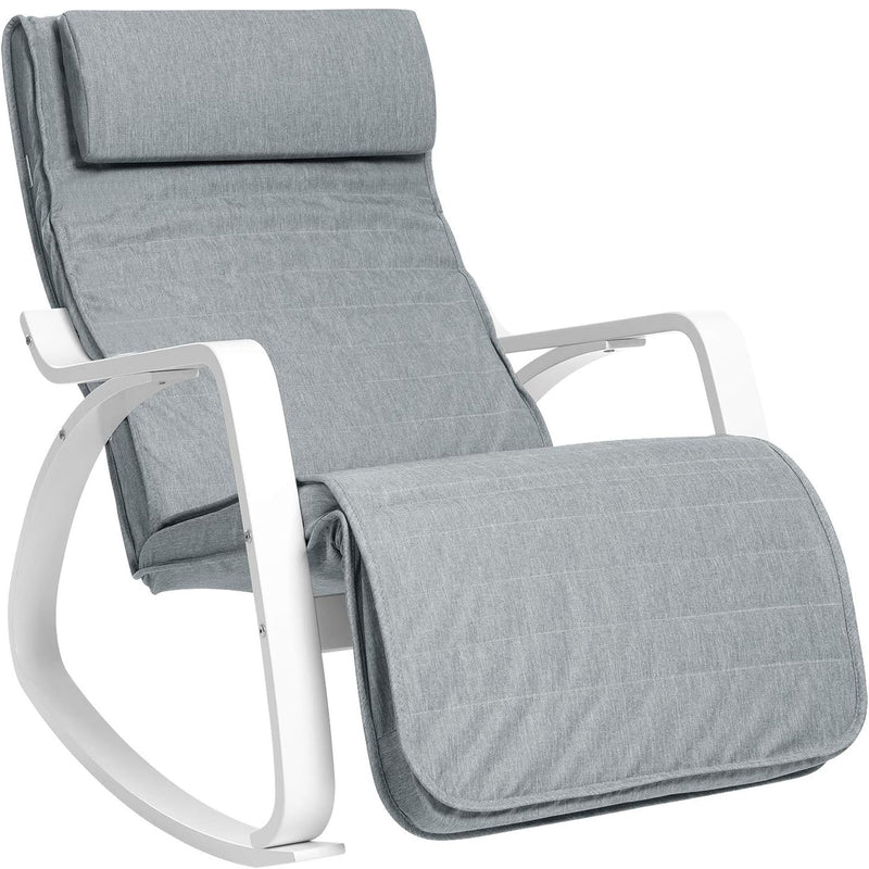 SONGMICS Scaun balansoar din lemn, suport picioare reglabil, maxim 150kg, 67x122x84cm, gri deschis