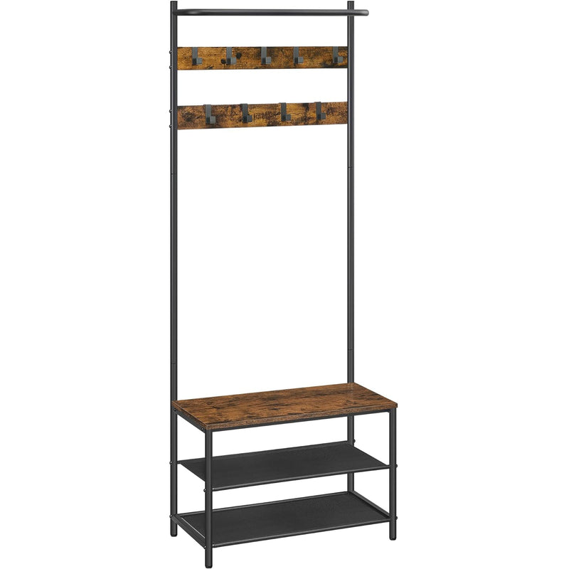 VASAGLE Cuier cu rafturi depozitare pantofi si bara suspendata, industrial, 32x64x180 cm, maro rustic si negru