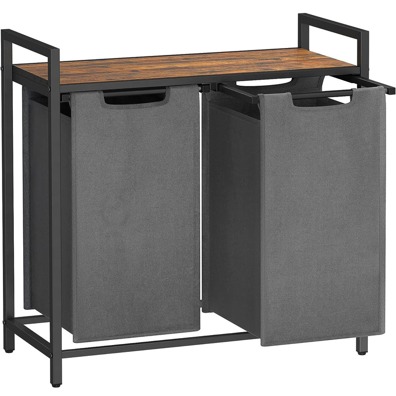 VASAGLE Cos de rufe, 2 compartimente, saci de rufe detasabili, raft, cadru metalic, 2x46L, 73x33x72 cm, maro rustic si gri