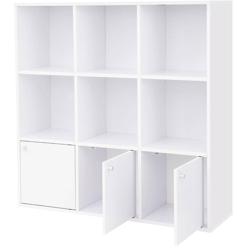 VASAGLE Biblioteca din lemn, cu 9 cuburi, 3 dulapuri inferioare, 98x98x29cm, alb