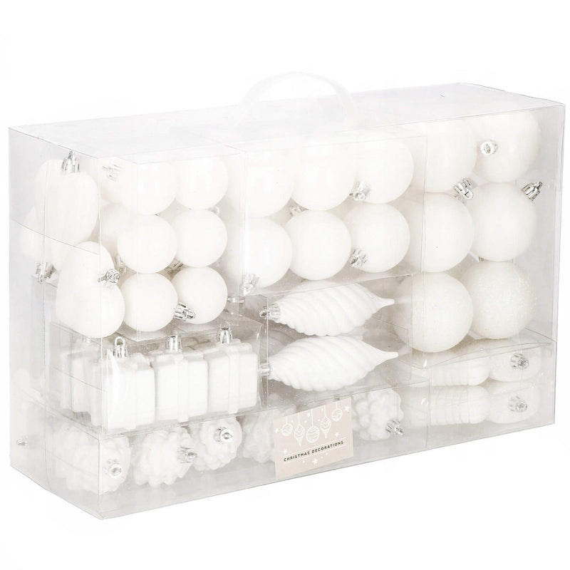 Set globuri si decoratiuni de Craciun, 72 piese, diverse dimensiuni, alb