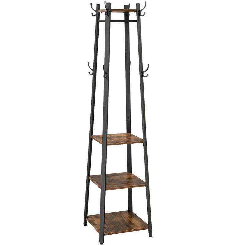 VASAGLE Cuier de haine cu 3 rafturi, suport cu carlige, din otel, 43x43x180 cm, stil industrial, maro rustic si negru