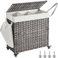 SONGMICS Cos de rufe tesut manual, cu captuseala detasabila lavabila, 3 compartimente, stil ratan, 140 litri, 66x33x60 cm, gri