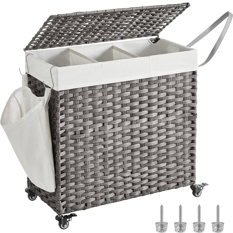 SONGMICS Cos de rufe tesut manual, cu captuseala detasabila lavabila, 3 compartimente, stil ratan, 140 litri, 66x33x60 cm, gri