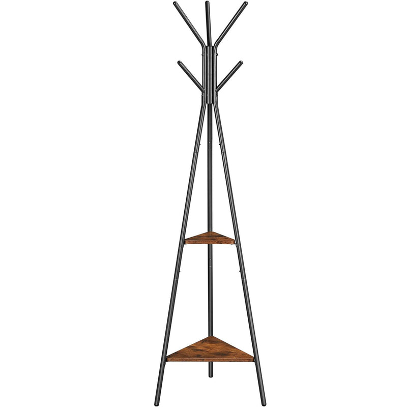 VASAGLE Cuier metalic, cu 2 rafturi MDF, inaltime 179cm, stil industrial, maro rustic si negru