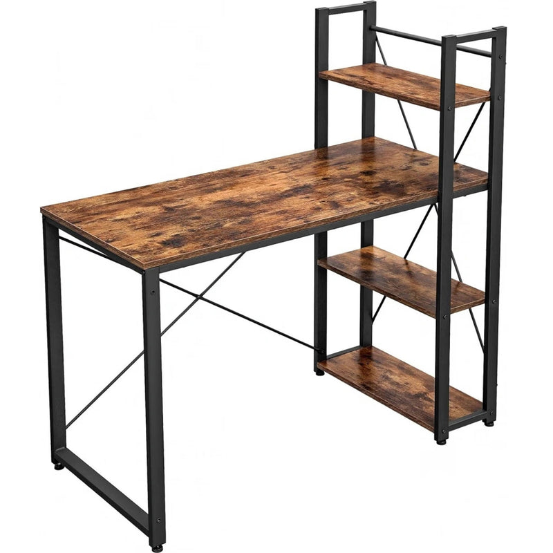 VASAGLE Birou cu raft lateral, montare stanga sau dreapta, industrial, 56x120x120 cm, maro
