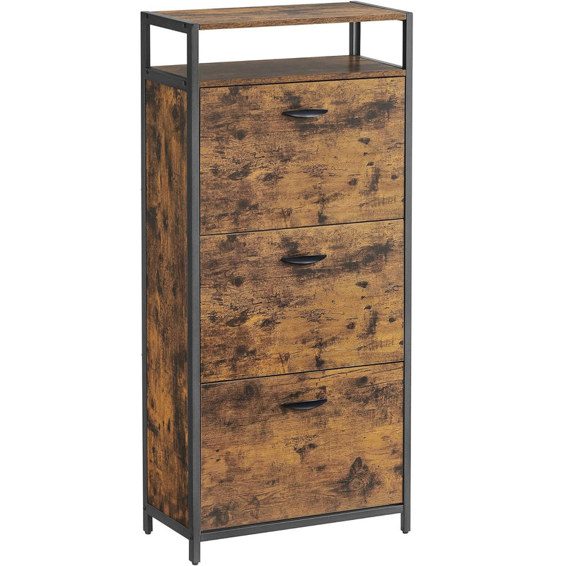 VASAGLE Dulap pentru pantofi cu 3 usi rabatabile, despartitoare interioare, pentru 15-18 perechi, 60x30x130cm, maro rusic si negru