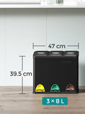 SONGMICS Cos de gunoi din otel cu 3 compartimente colectare selectiva, cu galeti interioare, 3x8litri, negru mat