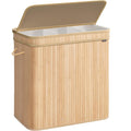 SONGMICS Cos rufe 63x42x61 cm, 150L, pliabil cu capac si sac lavabil, bambus si textil, bej natur
