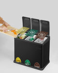 SONGMICS Cos de gunoi din otel cu 3 compartimente colectare selectiva, cu galeti interioare, 3x8litri, negru mat