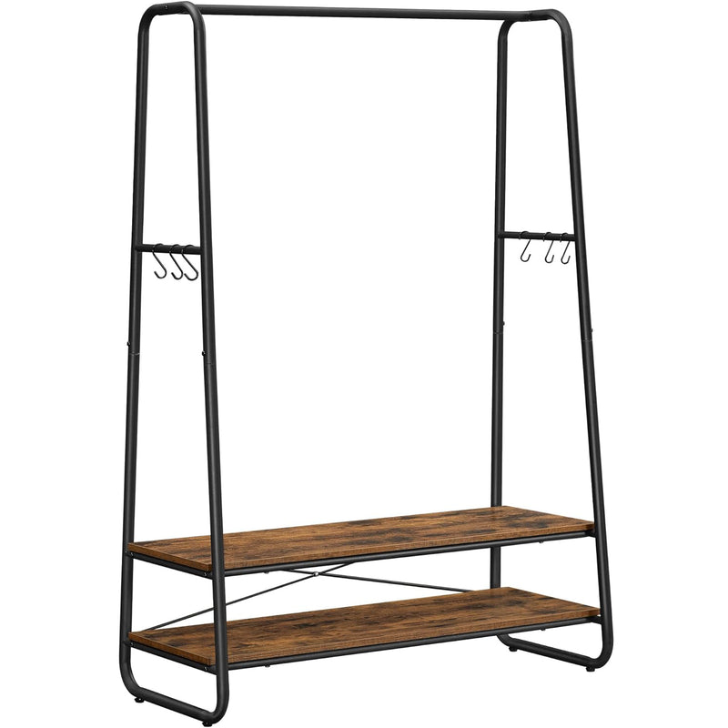 VASAGLE Raft pentru haine cu suport pentru pantofi, 2 polite, 6 carlige laterale, 45x100x160cm, maro rustic