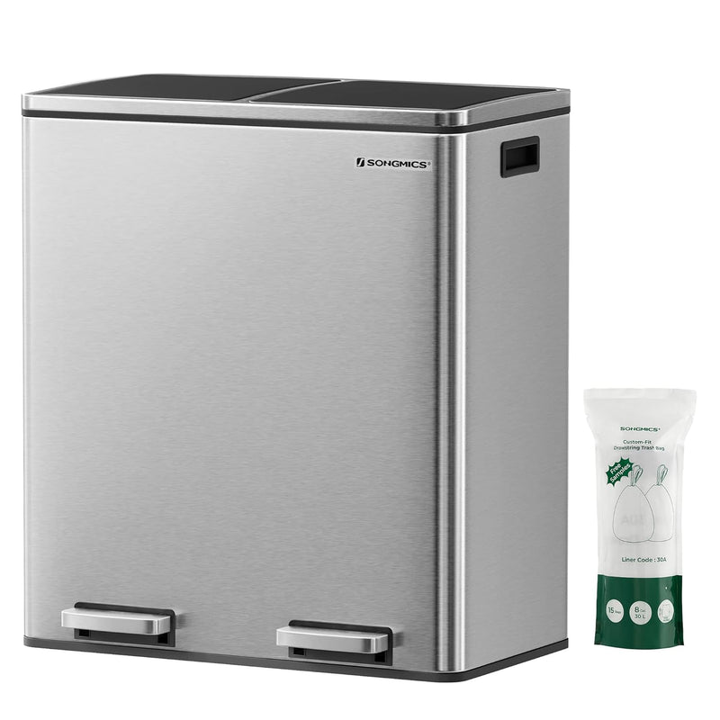 SONGMICS Cos de gunoi din inox cu 2 compartimente colectare selectiva, cu galeti interioare, 2x30litri, argintiu
