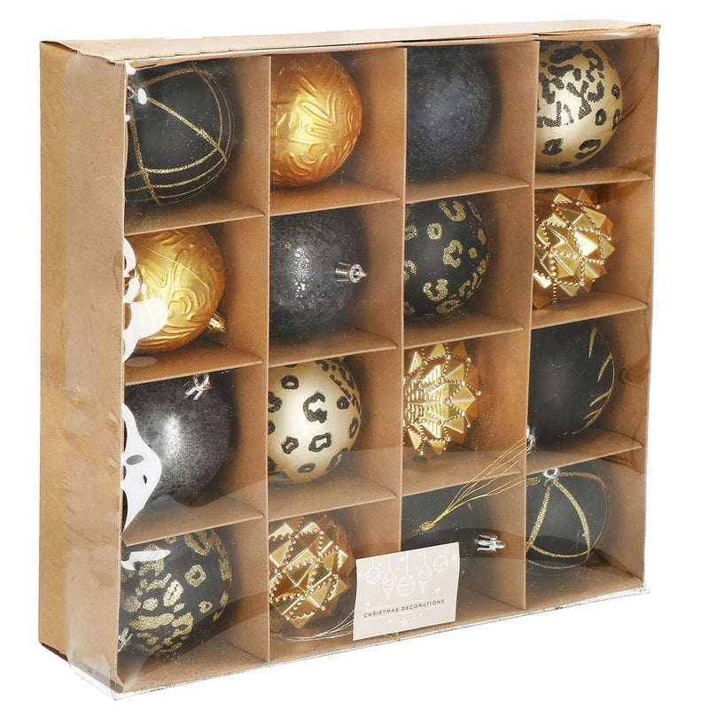 Set globuri de Craciun, 16 bucati, 8cm, 6 modele, negru auriu