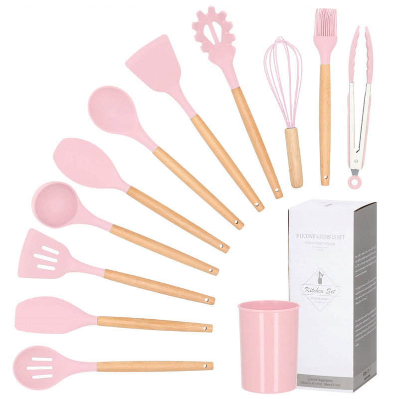 Set Sersimo 12 ustensile de bucatarie din silicon termorezistent si maner din bambus, roz