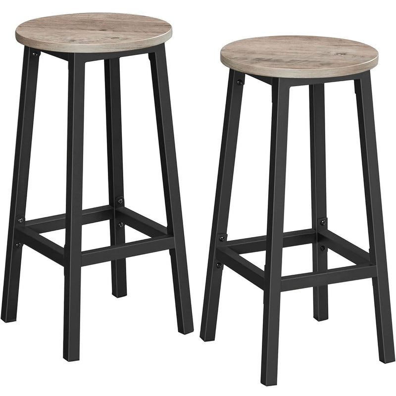 VASAGLE Set 2 scaune bar inalte, sezut rotund, cadru din otel, inaltime 65 cm, stil industrial, gri