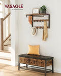VASAGLE Raft de perete tip cuier, 10 carlige detasabile, sina pentru haine, 30x65x42cm, maro rustic si negru