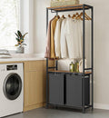 VASAGLE Cos de rufe, 2 compartimente, saci de rufe detasabili, 2 rafturi, tija umerase, 2x46L, 73x33x177cm, maro rustic