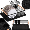 Uscator de vase cu suport tacamuri, din otel, cu tava de scurgere, manere lemn, 42x32x15cm, negru