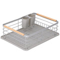 Uscator de vase cu suport tacamuri, din otel, cu tava de scurgere, manere lemn, 42x32x15cm, gri