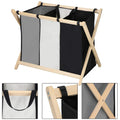Cos de rufe cu 3 compartimente, cadru din lemn, 67x42x57 cm, 105 litri