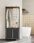 VASAGLE Cos de rufe, 2 compartimente, saci de rufe detasabili, 2 rafturi, tija umerase, 2x46L, 73x33x177cm, maro rustic