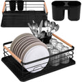 Uscator de vase cu suport tacamuri, din otel, cu tava de scurgere, manere lemn, 42x32x15cm, negru