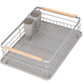 Uscator de vase cu suport tacamuri, din otel, cu tava de scurgere, manere lemn, 42x32x15cm, gri
