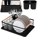 Uscator de vase cu suport tacamuri, din otel, cu tava de scurgere, manere lemn, 42x32x15cm, negru