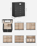 SONGMICS Cutie de bijuterii 6 nivele, 5 sertare, oglinda, suport ceasuri, incuietoare, 16x26x32cm, negru