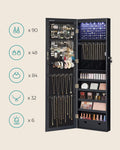 SONGMICS Dulap pentru bijuterii cu oglinda, montare pe perete sau usa, material MDF, inchidere cu cheie, 120x37x10 cm, negru