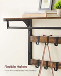 VASAGLE Raft de perete tip cuier, 10 carlige detasabile, sina pentru haine, 30x65x42cm, maro rustic si negru