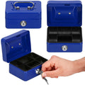 Caseta pentru bani tip cutie de valori, compartimentanta, cu cheie, metal, 12.5x9.5x6.5cm, albastru