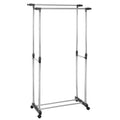 Suport pentru haine pe roti, sina dubla, reglabil pe inaltime si latime, din aluminiu cromat, 155x45x150cm, argintiu