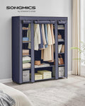 SONGMICS Garderoba din material textil, dulap portabil, cu rafturi si sina de agatat, 150x45x175cm, albastru