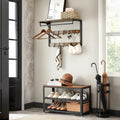 VASAGLE Raft de perete tip cuier, 10 carlige detasabile, sina pentru haine, 30x65x42cm, maro rustic si negru