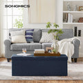SONGMICS Taburet pliabil cu sezut moale, spatiu de depozitare 131litri, maxim 300kg, 110x38x38cm, albastru inchis