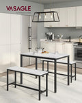 VASAGLE Masa de bar cu 2 banci, design industrial, 110x70x75 cm, alb marmura