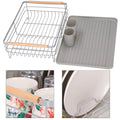 Uscator de vase cu suport tacamuri, din otel, cu tava de scurgere, manere lemn, 42x32x15cm, gri