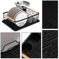 Uscator de vase cu suport tacamuri, din otel, cu tava de scurgere, manere lemn, 42x32x15cm, negru