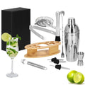 Set Cocktail Shaker Kit pentru barmani 550ml, KI24, suport bambus, 11 piese