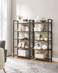 VASAGLE Biblioteca cu 5 etaje din lemn, cadru otel, stil industrial, 30x66x153cm, maro rustic si negru