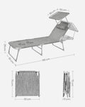 SONGMICS Sezlong pliabil, cu parasolar si tetiera, spatar reglabil in 4 pozitii, maxim 150kg, 193x53x29cm, gri deschis