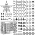 Set globuri si decoratiuni de Craciun, 100 piese, diverse dimensiuni cu stea, argintiu