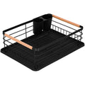 Uscator de vase cu suport tacamuri, din otel, cu tava de scurgere, manere lemn, 42x32x15cm, negru