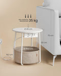 VASAGLE Masuta de cafea rotunda cu cos de stofa, statie de incarcare 2 prize si 2 USB, 45x50cm, alb